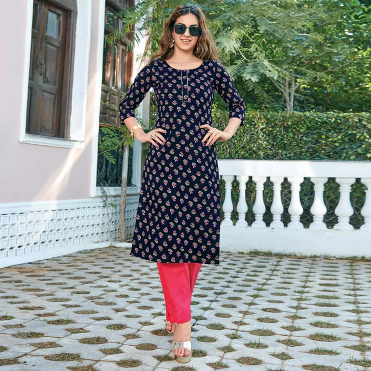 Blue floral cotton kurti